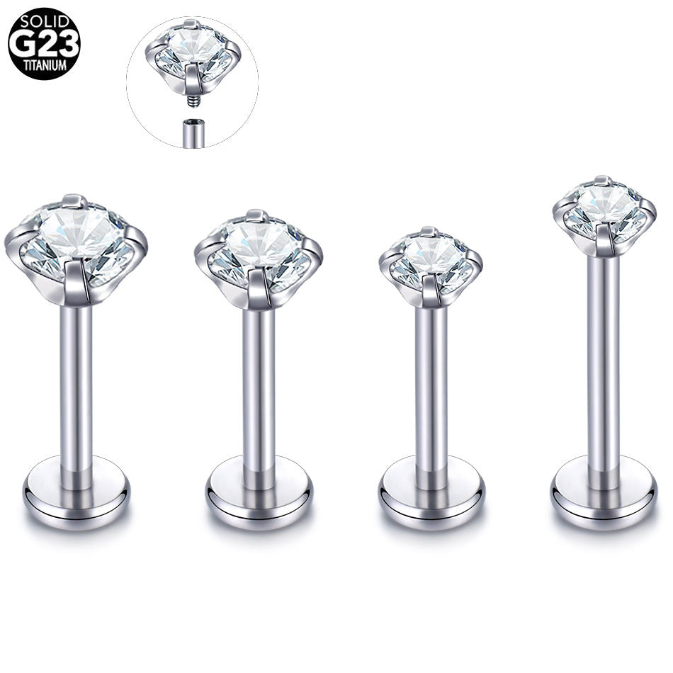 Implant Grade Titanium Internally Threaded Labret With Prong Set CZ Lip Stud Cartilage Earrings Jewelry