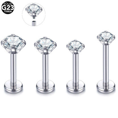 Implant Grade Titanium Internally Threaded Labret With Prong Set CZ Lip Stud Cartilage Earrings Jewelry
