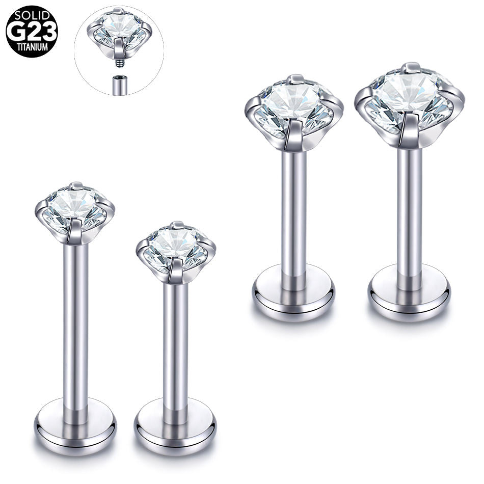 Implant Grade Titanium Internally Threaded Labret With Prong Set CZ Lip Stud Cartilage Earrings Jewelry