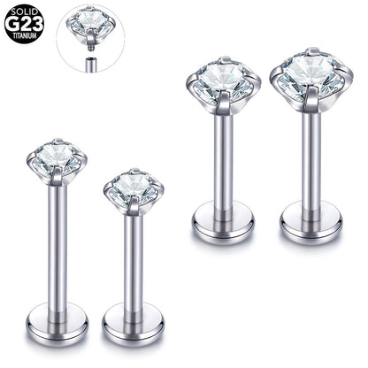 Implant Grade Titanium Internally Threaded Labret With Prong Set CZ Lip Stud Cartilage Earrings Jewelry