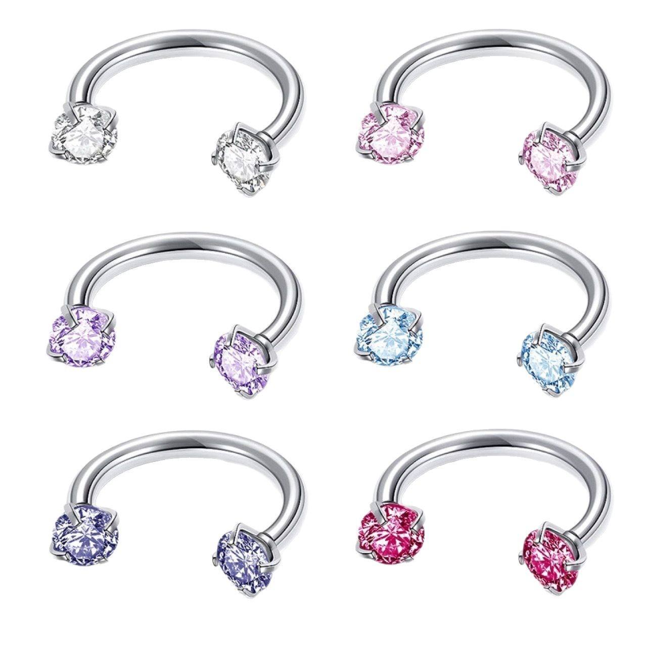 ASTM F136 Titanium Multi Color Zircon Horseshoe Ring Internal Thread Nose Ring U-Shaped Cartilage Earring