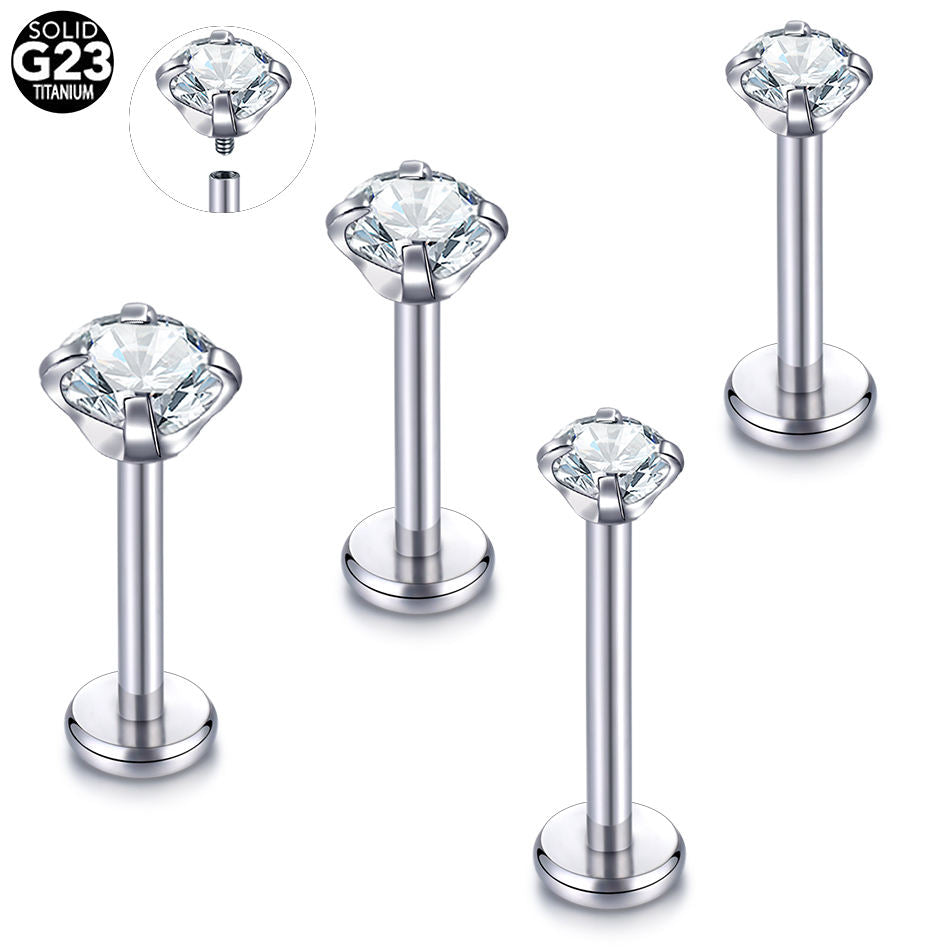 Implant Grade Titanium Internally Threaded Labret With Prong Set CZ Lip Stud Cartilage Earrings Jewelry