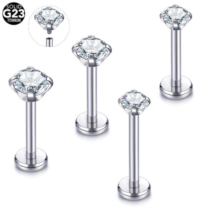 Implant Grade Titanium Internally Threaded Labret With Prong Set CZ Lip Stud Cartilage Earrings Jewelry