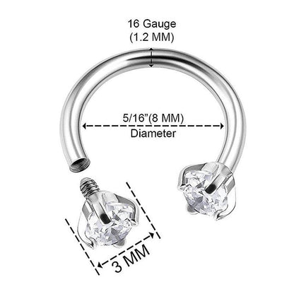 ASTM F136 Titanium Multi Color Zircon Horseshoe Ring Internal Thread Nose Ring U-Shaped Cartilage Earring