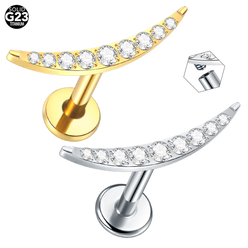 G23 Titanium Labret Piercing Earring Stud Internal Threaded 9 Cubic Zirconia Paved Cartilage