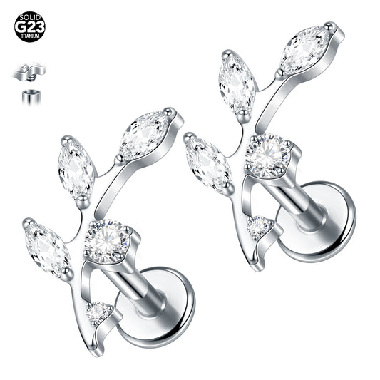 ASTM F136 Titanium 16G CZ Leaves Stud Internal Threaded Earring Leaf Helix Cartilage Conch Flat Back