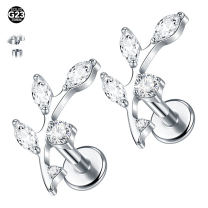 ASTM F136 Titanium 16G CZ Leaves Stud Internal Threaded Earring Leaf Helix Cartilage Conch Flat Back