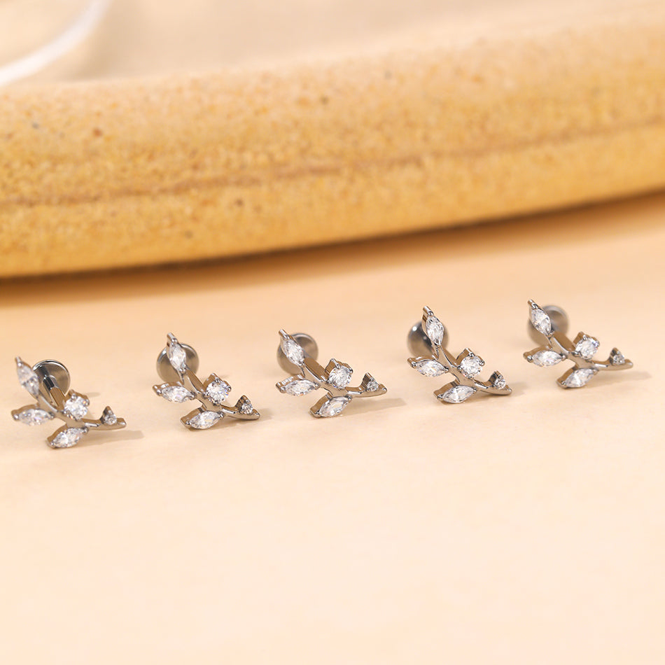 ASTM F136 Titanium 16G CZ Leaves Stud Internal Threaded Earring Leaf Helix Cartilage Conch Flat Back