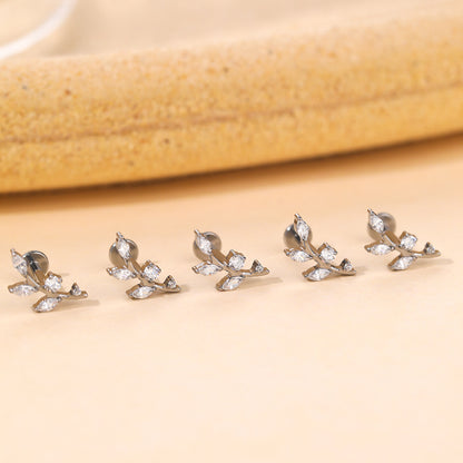 ASTM F136 Titanium 16G CZ Leaves Stud Internal Threaded Earring Leaf Helix Cartilage Conch Flat Back
