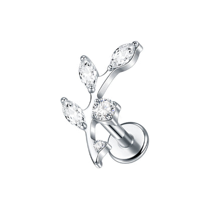 ASTM F136 Titanium 16G CZ Leaves Stud Internal Threaded Earring Leaf Helix Cartilage Conch Flat Back